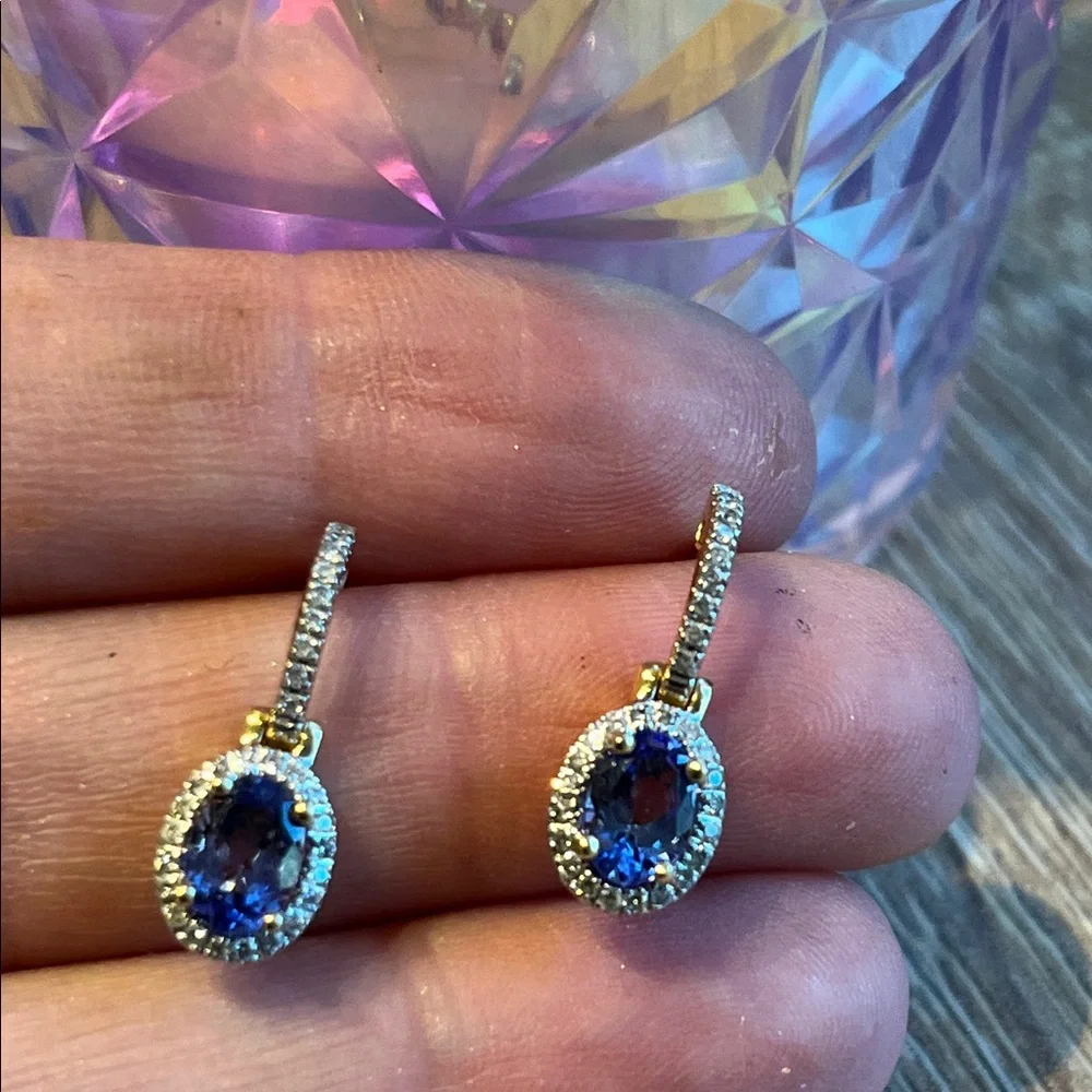 14k Gold diamond tanzanite Drop Earrings. Oval Gemstones with diamond Pavé Halos - Picture 5 of 13
